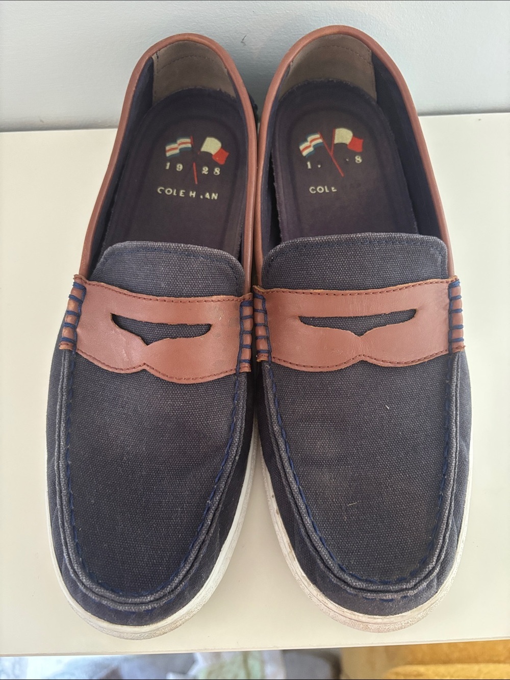Cole Haan Navy and Brown Canvas Penny Loafers